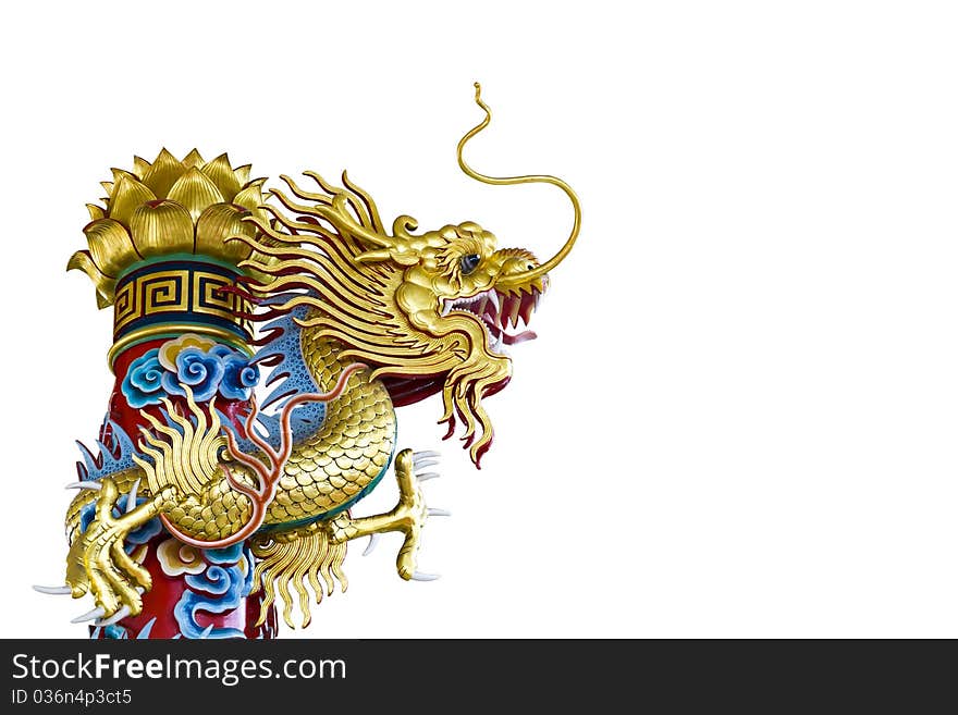 Golden dragon statue on white background