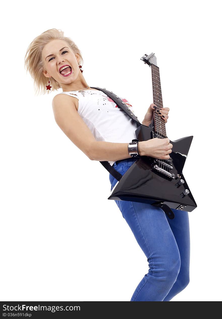 Blond woman with guitar on white background