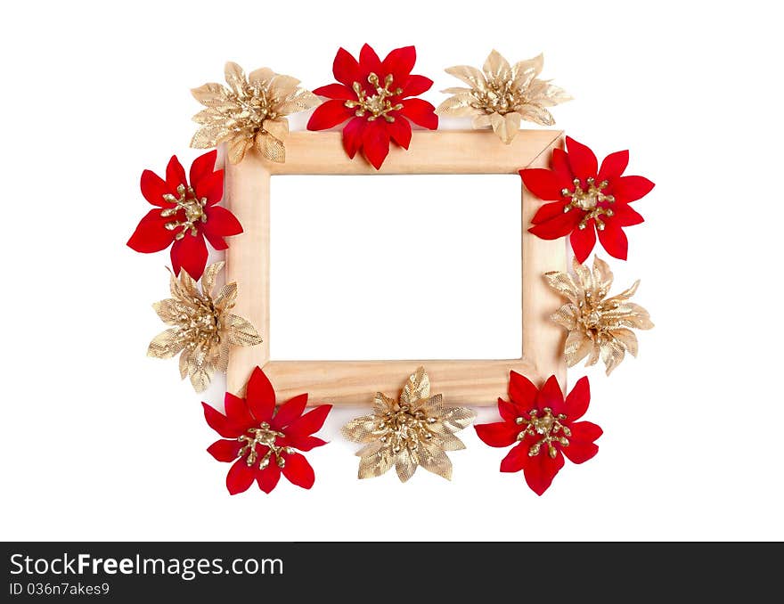 Wooden frame decorated with red and golden flowers isolated on white. Wooden frame decorated with red and golden flowers isolated on white