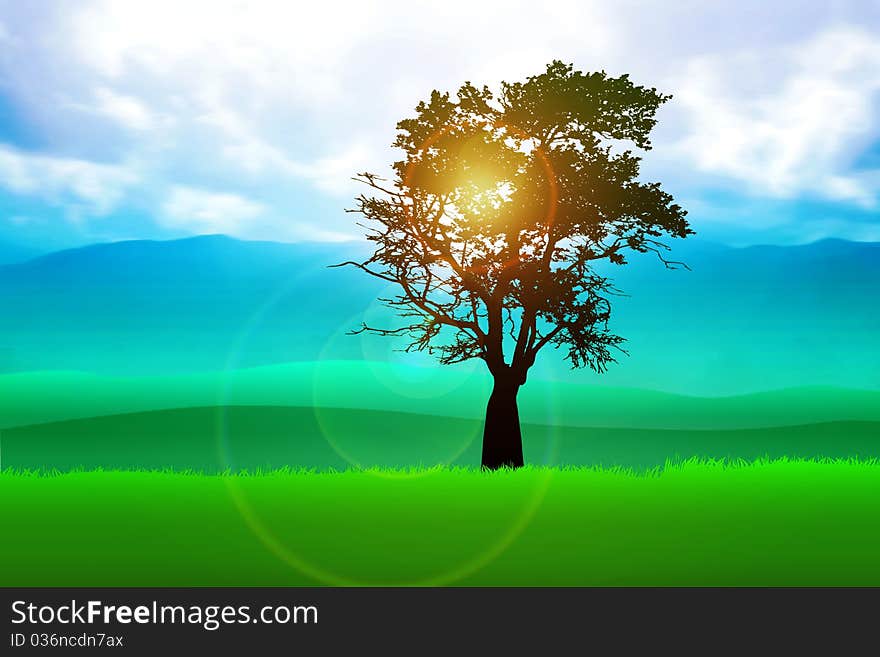 Silhouette illustration of a tree on meadows