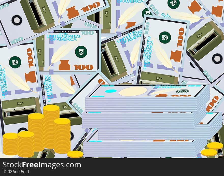 Bundles of money and piles of coins on the background of the banknotes with images on them armored safe.