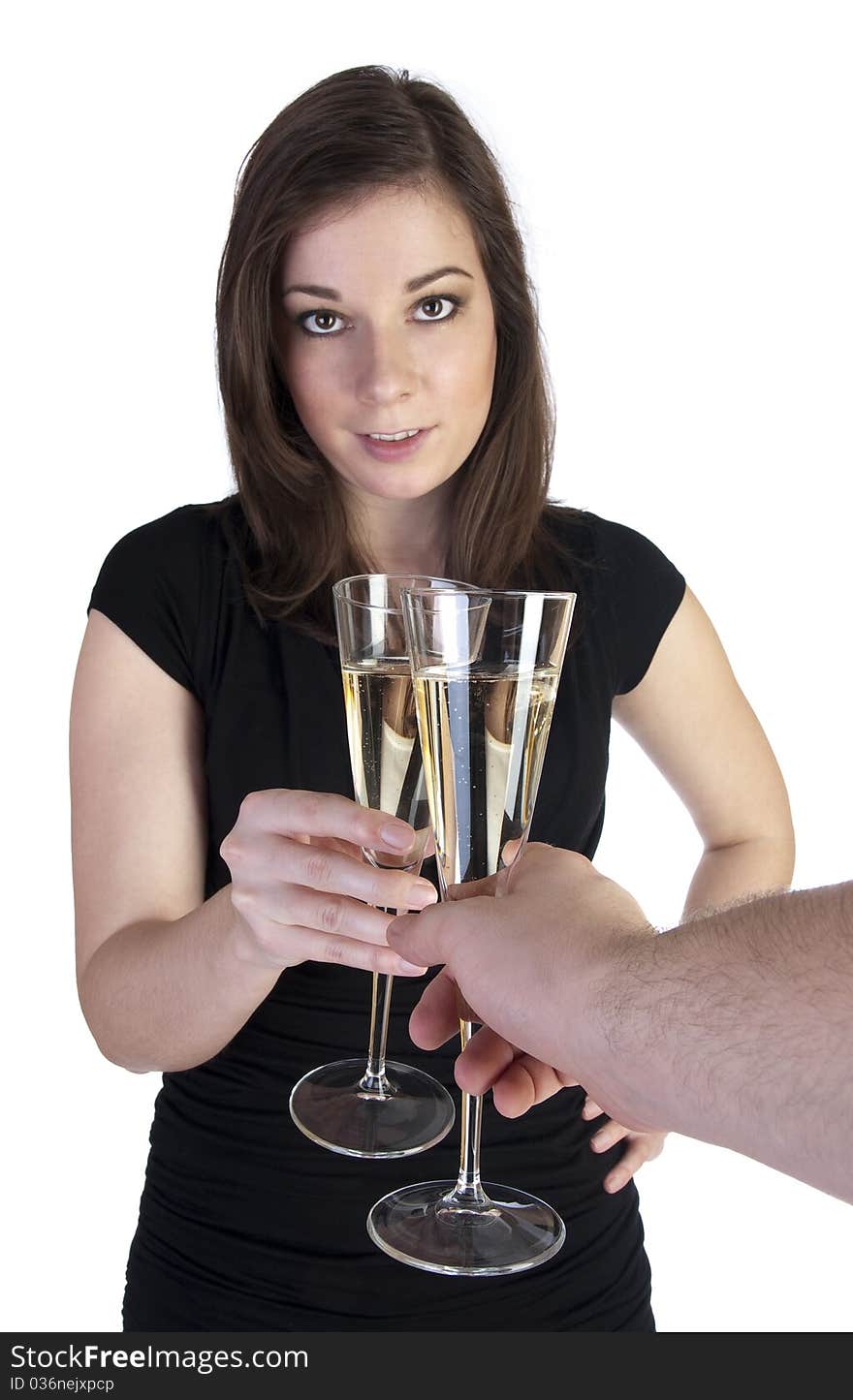 Woman toast with champagne isolated on white