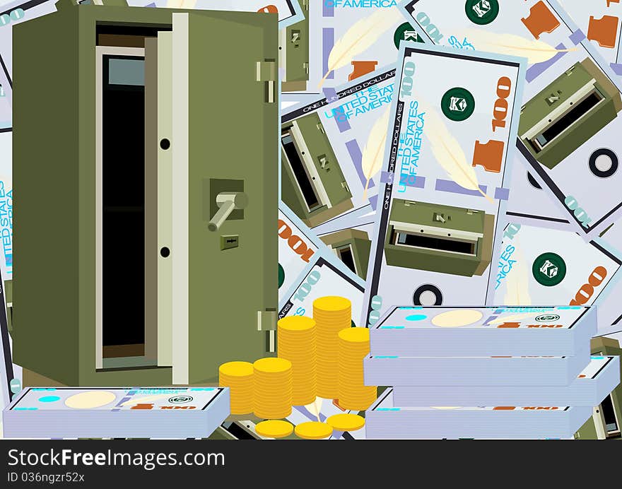 Modern armored safe and money on a background of banknotes with the image of the safe