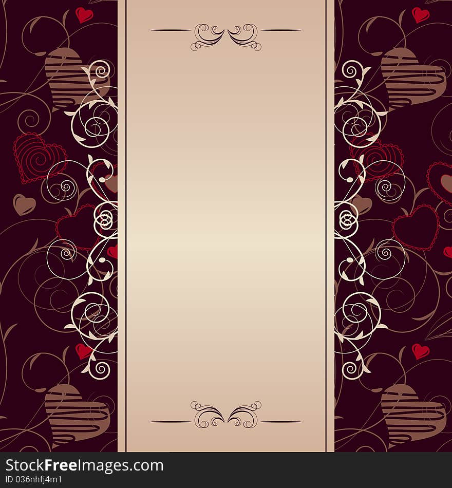 Stylized hearts on romantic dark ornate frame. Stylized hearts on romantic dark ornate frame