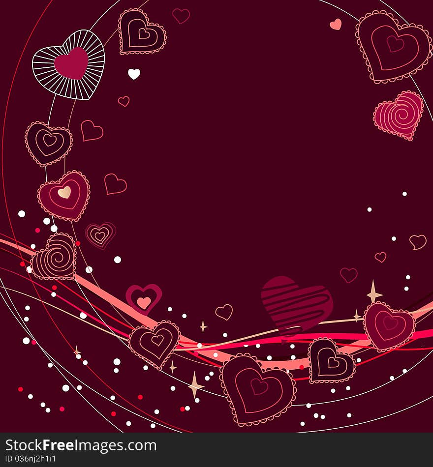 Contour red hearts on dark red background