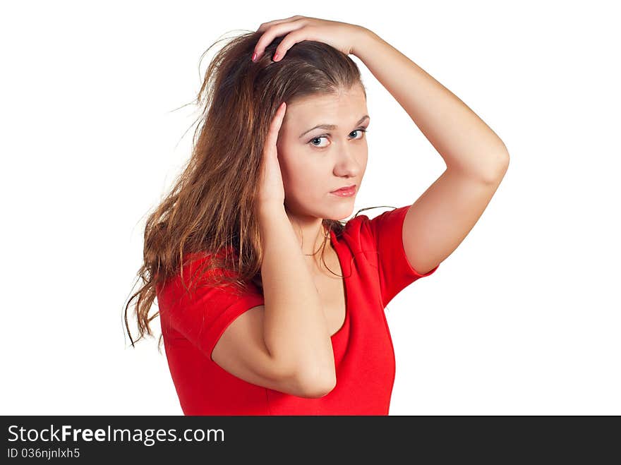 Attractive young woman in red dress. Isolated on white background. Attractive young woman in red dress. Isolated on white background.