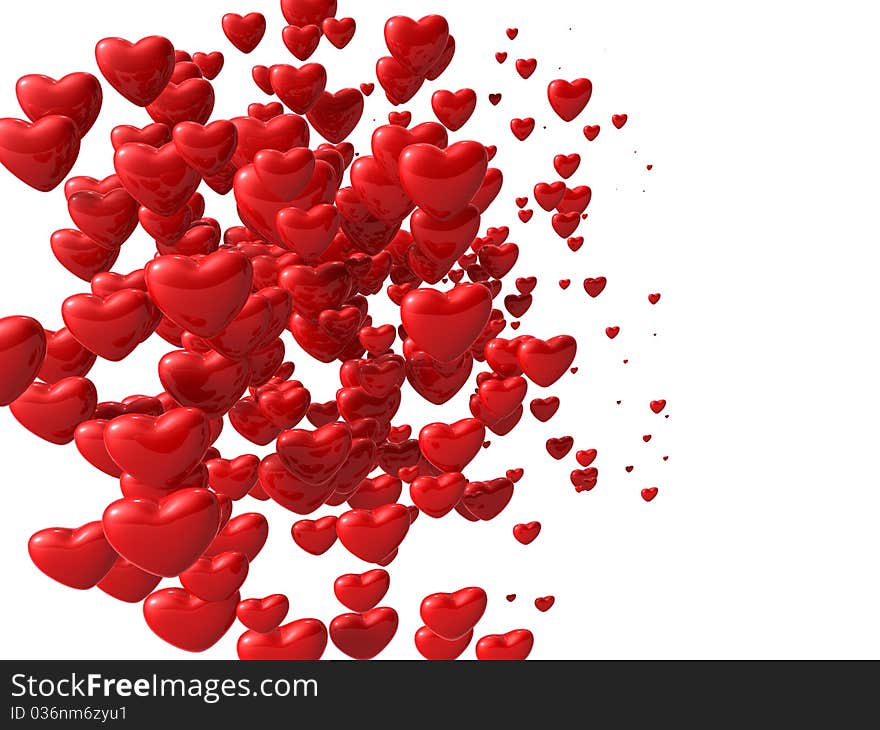 Abstract red hearts, flying over white background, 3d render