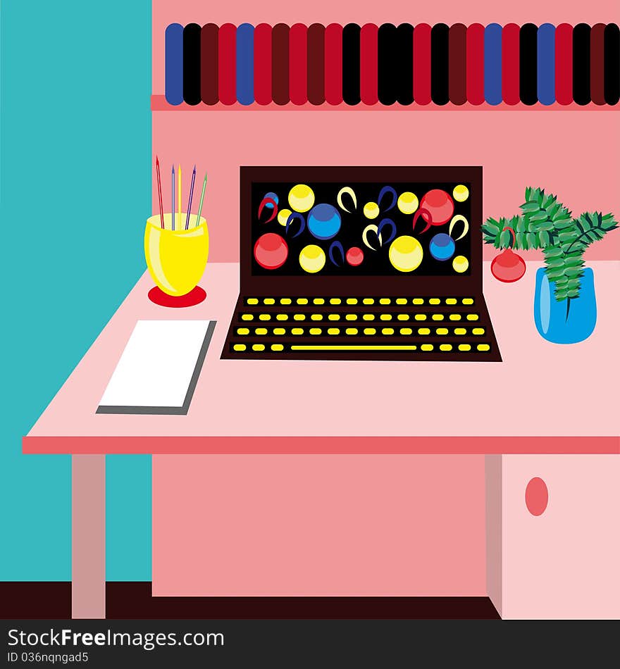 The laptop and tree branch on a pink table. Illustration