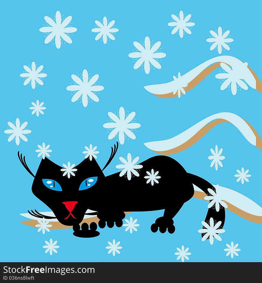 Black cat on a snow branch