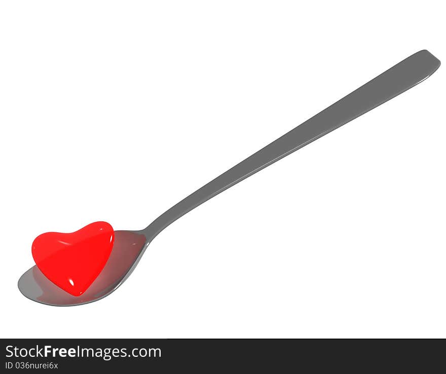 Red heart on spoon. 3D render.