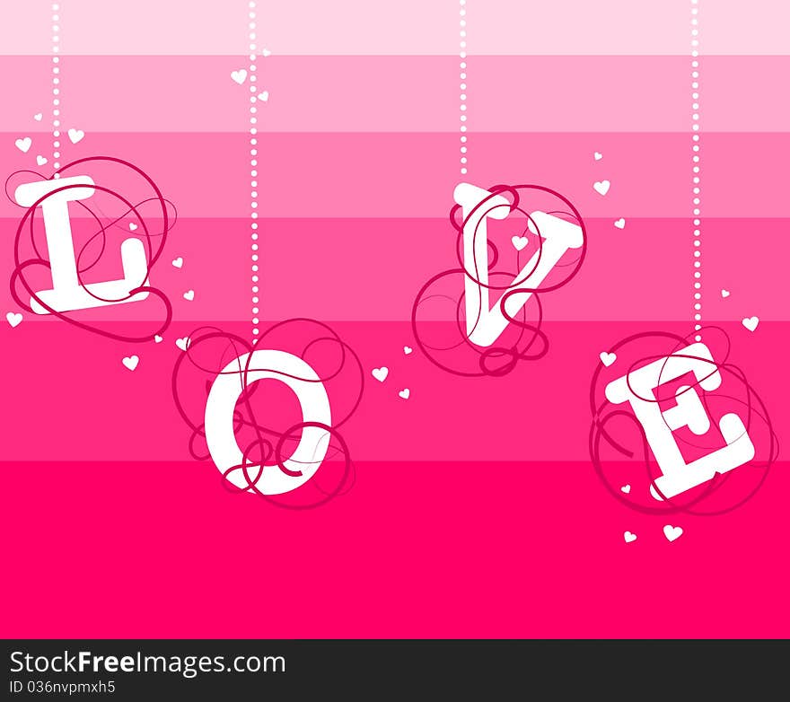 The word love and hearts on a pink background.