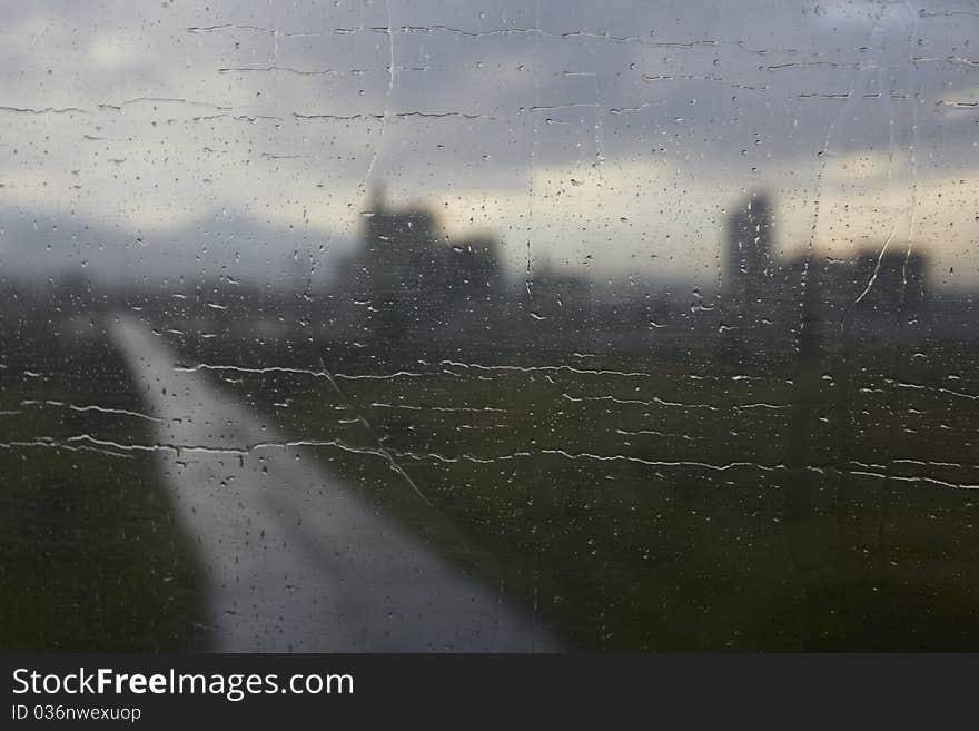 Rainy weather. View from the train's window.