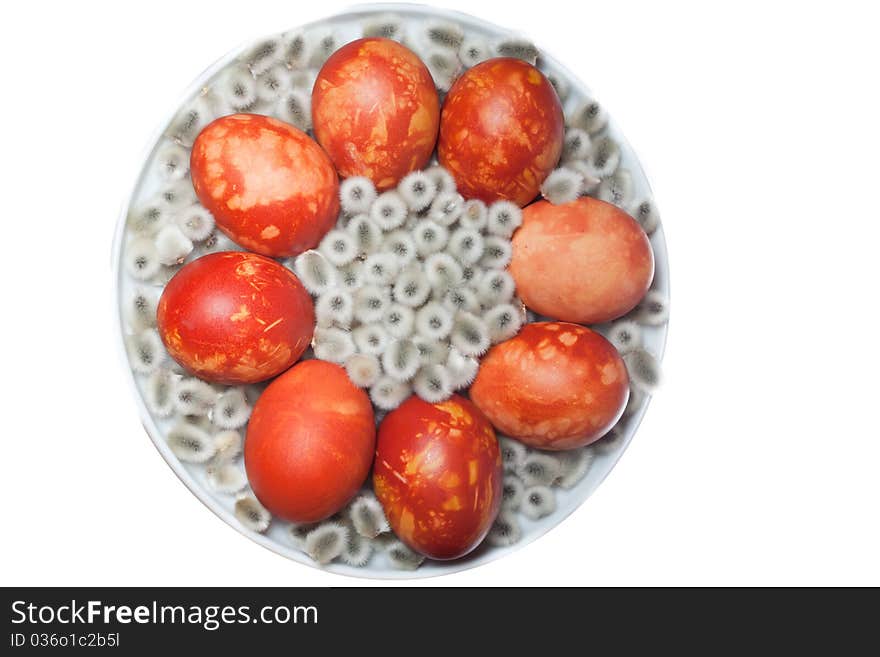 Red easter eggs and willow on plate with white isolated background. Red easter eggs and willow on plate with white isolated background