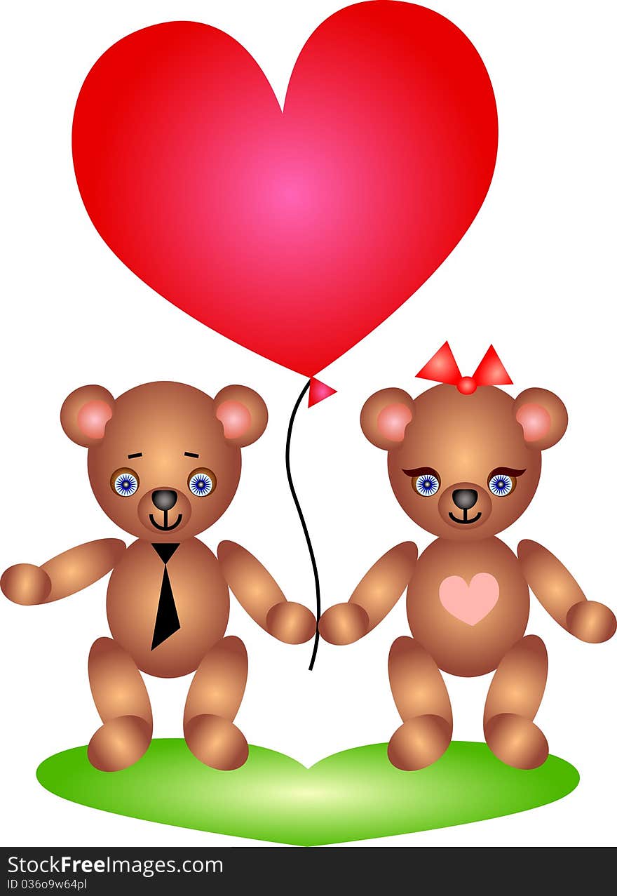 Happy Teddy Bears couple holds red heart-shaped balloon.