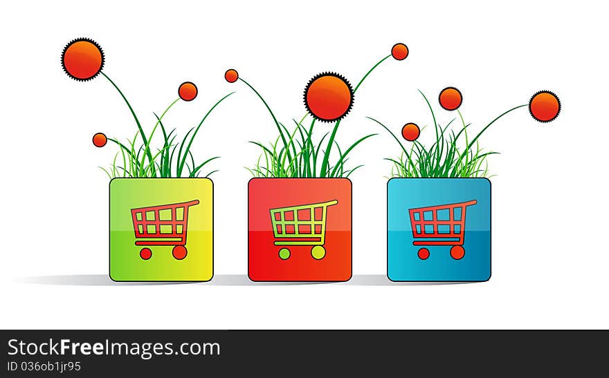 Icon depicting the colorful trolleys dyal purchases above the grass and flowers. Icon depicting the colorful trolleys dyal purchases above the grass and flowers