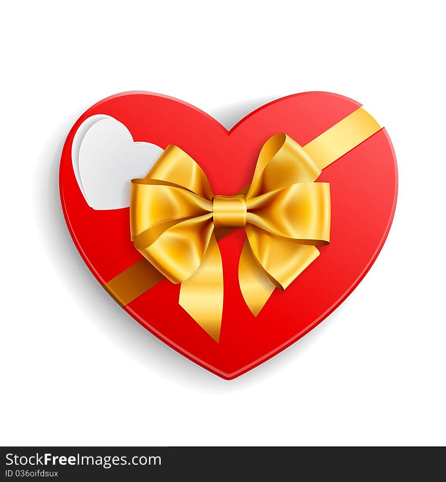 Red heart shape gift with golden bow