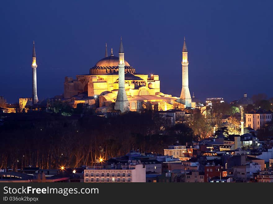 Hagia Sophia mosque in Istanbul at evening