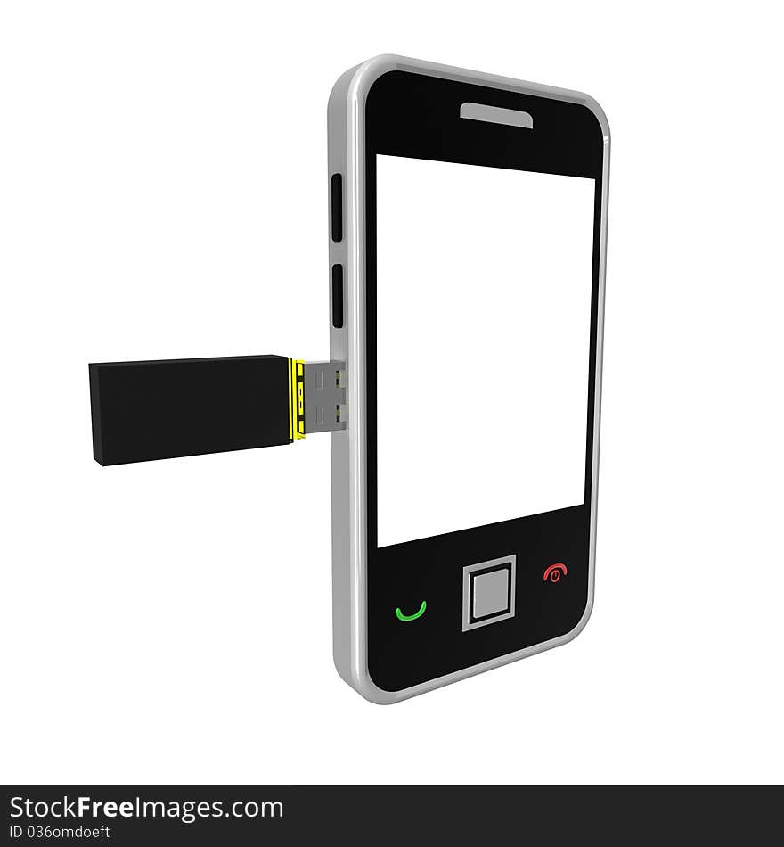 Modern mobile phone in which a computer flash drive is inserted. 3d computer modeling