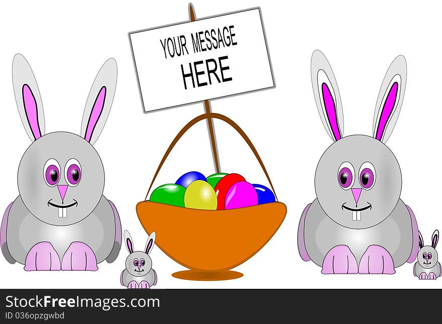 Easter bunnies on white with basket of eggs in cartoon style