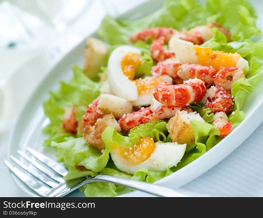 Fresh salad with shrimp and egg for appetizer