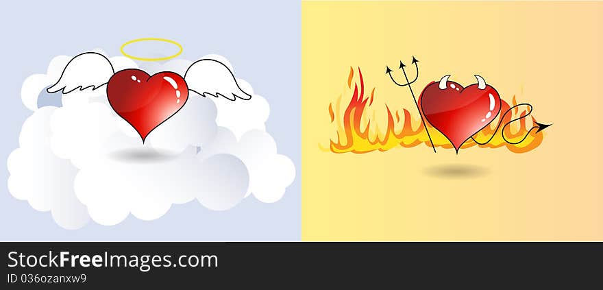 Vector Hearts illustration as Angel and devil. Clouds and fire at the background.