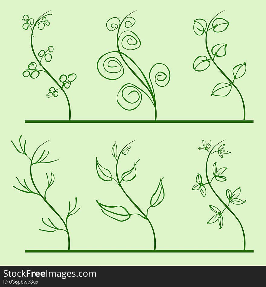 Several stylized floral patterns on green background.