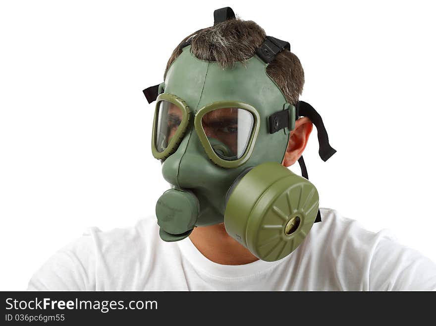 Man in gas mask looking angry