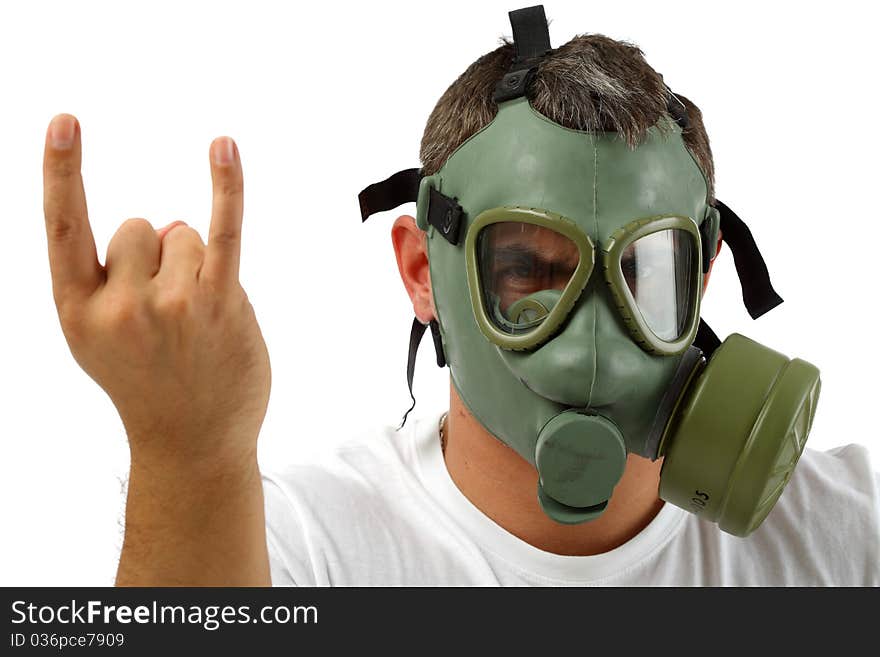 Man in gas mask showing sign