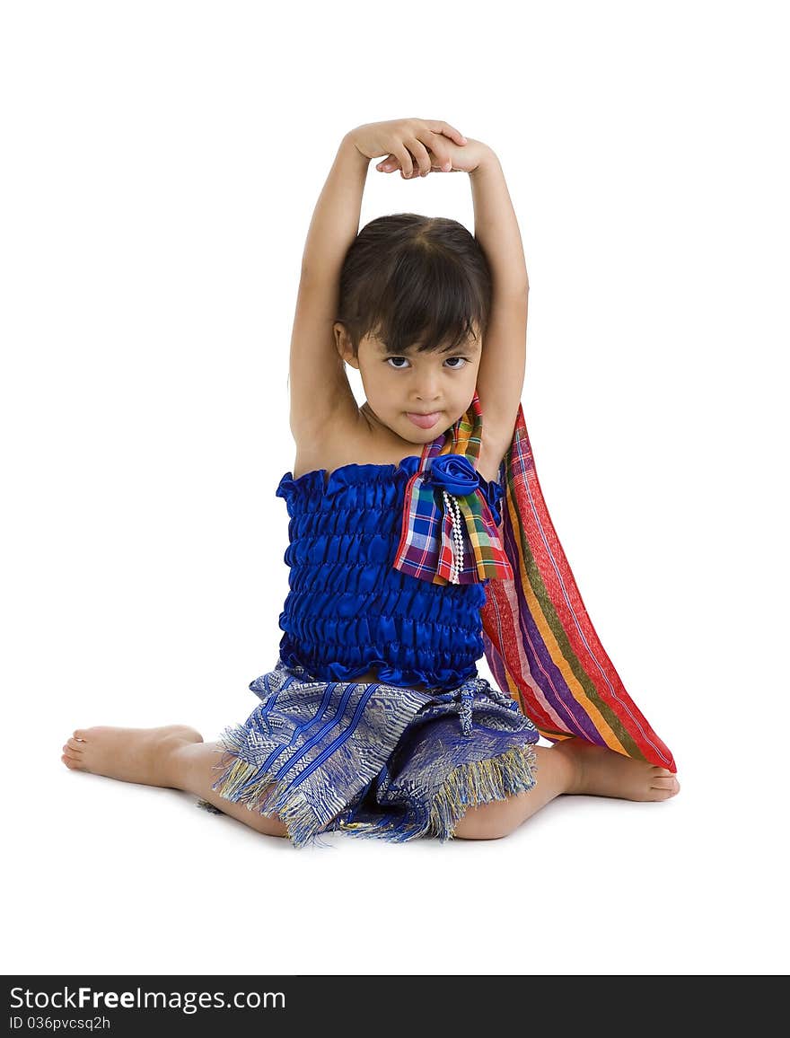 Little girl with arms up and tongue out, isolated on white background. Little girl with arms up and tongue out, isolated on white background