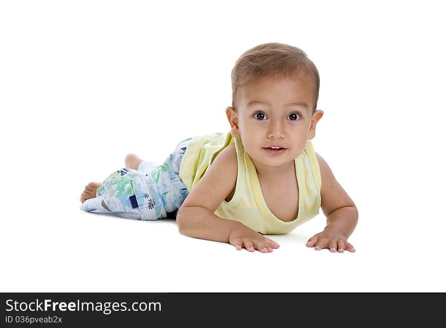 Cute little boy in studio, isolated on white background