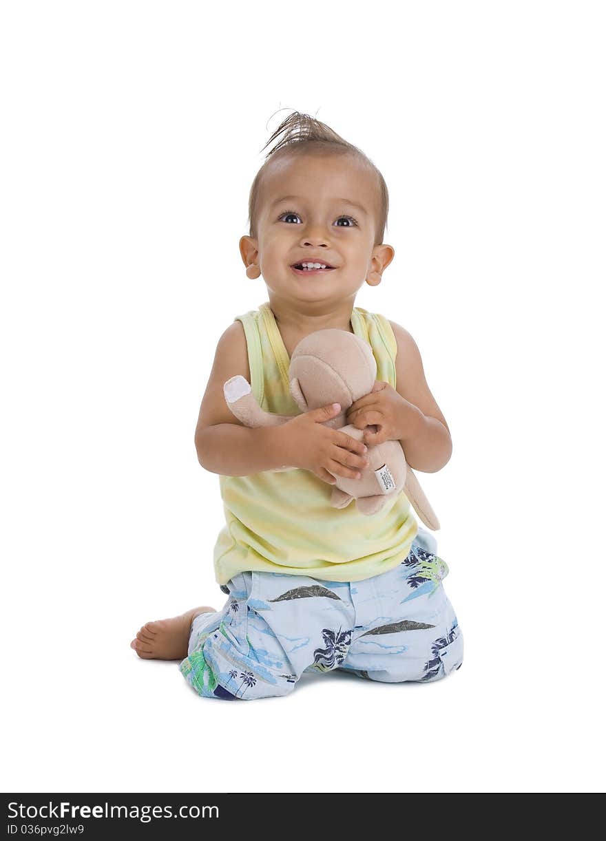 Cute little boy with cuddly, isolated on white background