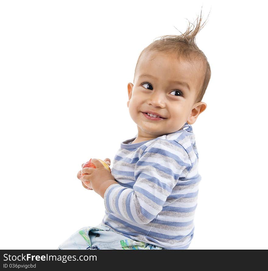 Cute boy a red apple, isolated on white background