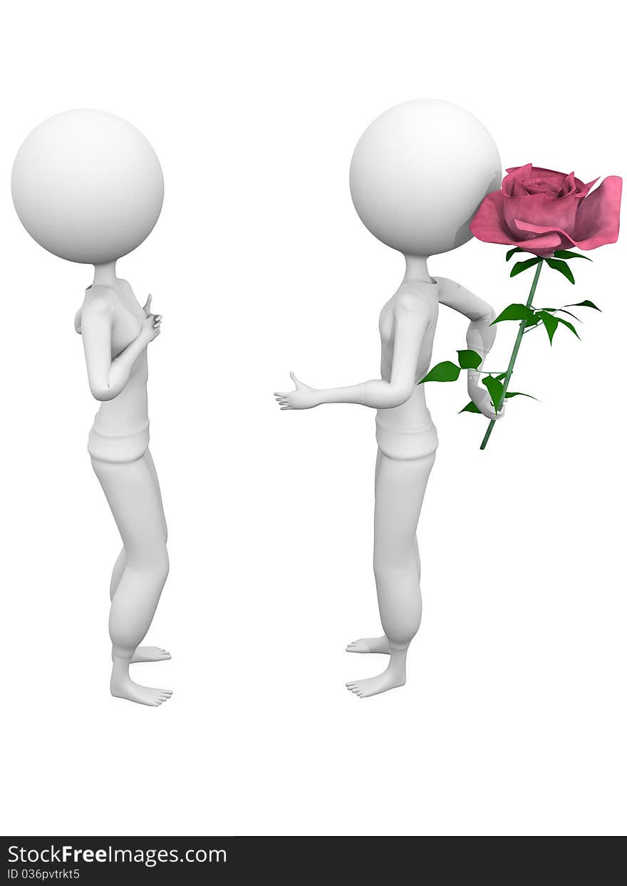 3D human gives a rose to his beloved one. 3D human gives a rose to his beloved one