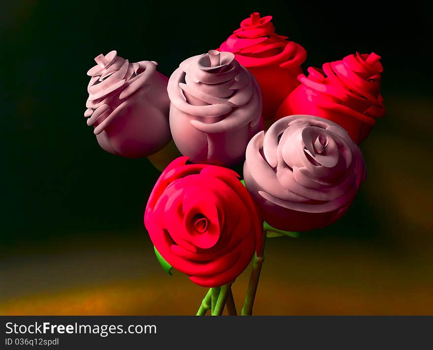 A computer-generated image of roses against a dark, blurred background. Roses are a traditional gift to a romantic partner as well as symbolizing love and purity. A computer-generated image of roses against a dark, blurred background. Roses are a traditional gift to a romantic partner as well as symbolizing love and purity.