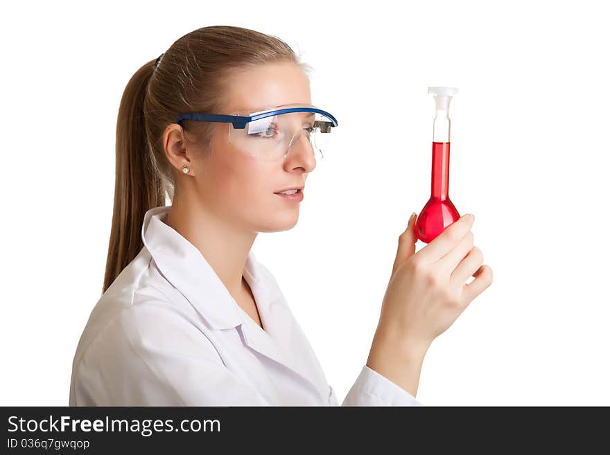 Isolated scientist woman in lab coat with chemical glassware. Isolated scientist woman in lab coat with chemical glassware