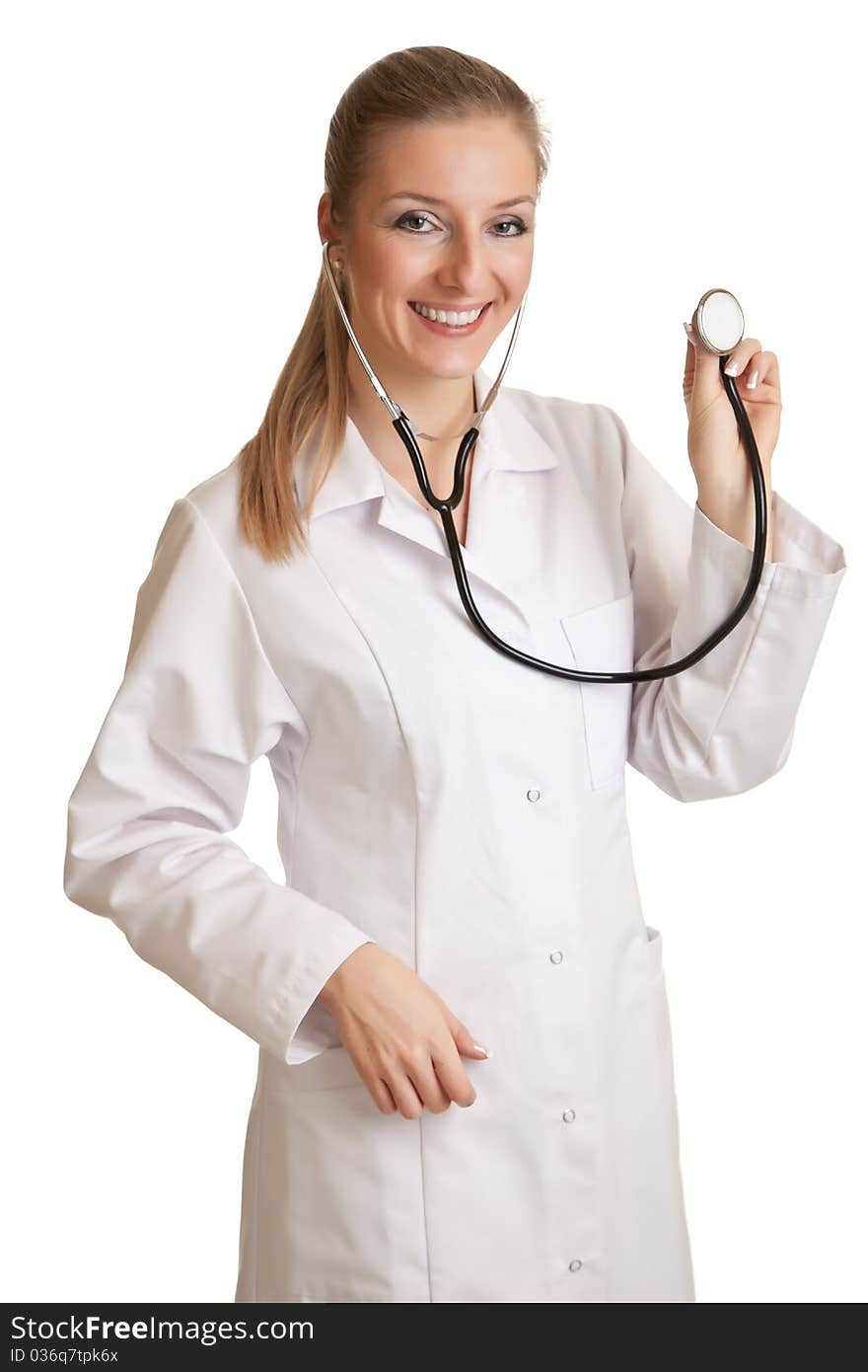 Medical doctor woman in uniform with stethoscope isolated on white. Medical doctor woman in uniform with stethoscope isolated on white