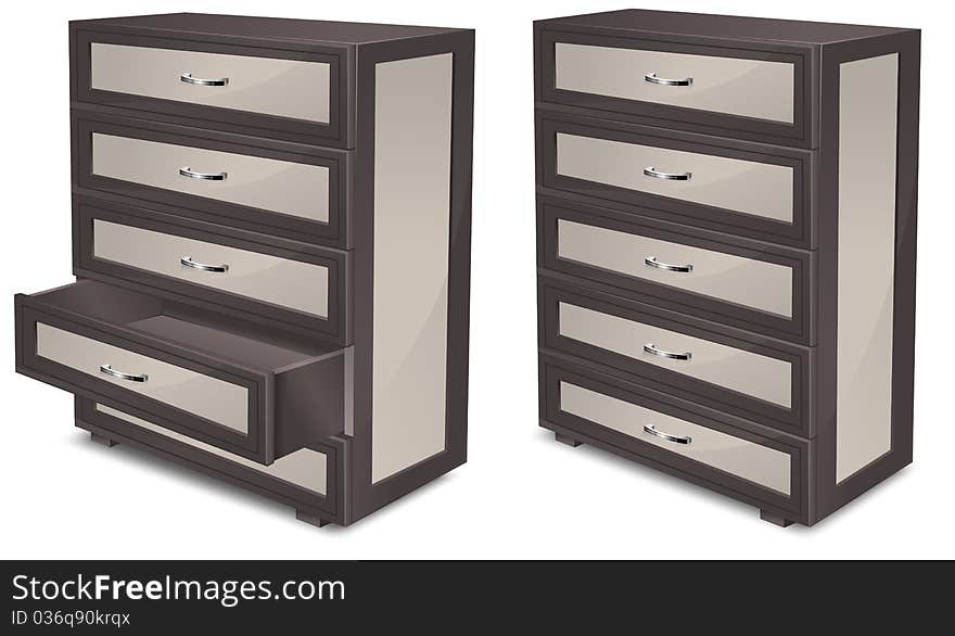 Wooden commode with drawers isolated over white, illustration