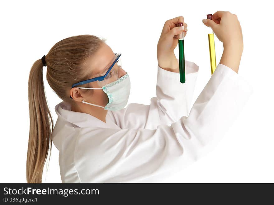 Isolated scientist woman in lab coat with chemical glassware