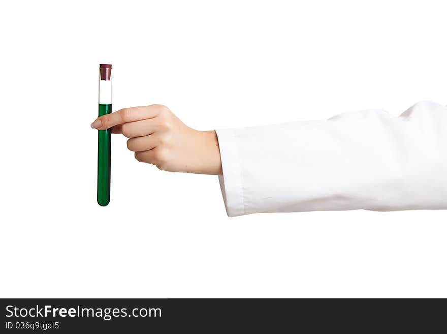 Isolated scientist woman in lab coat with chemical glassware