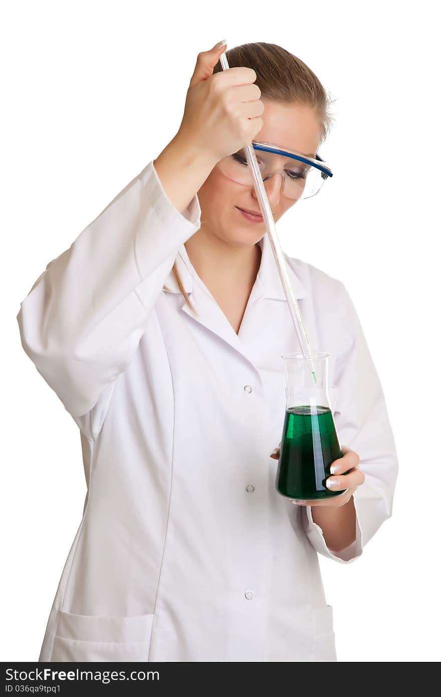 Isolated scientist woman in lab coat with chemical glassware