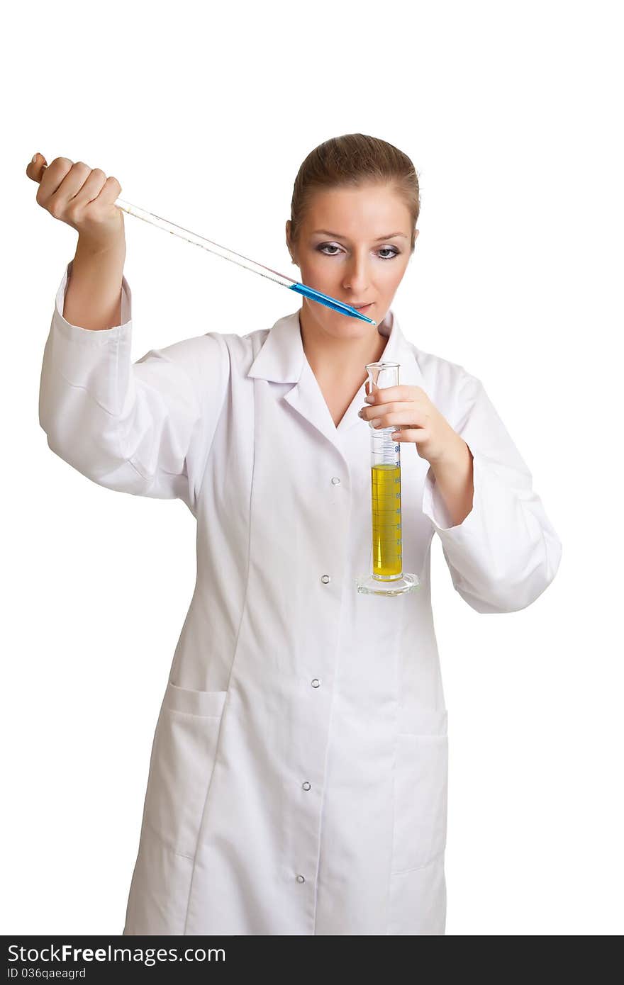 Isolated scientist woman in lab coat with chemical glassware