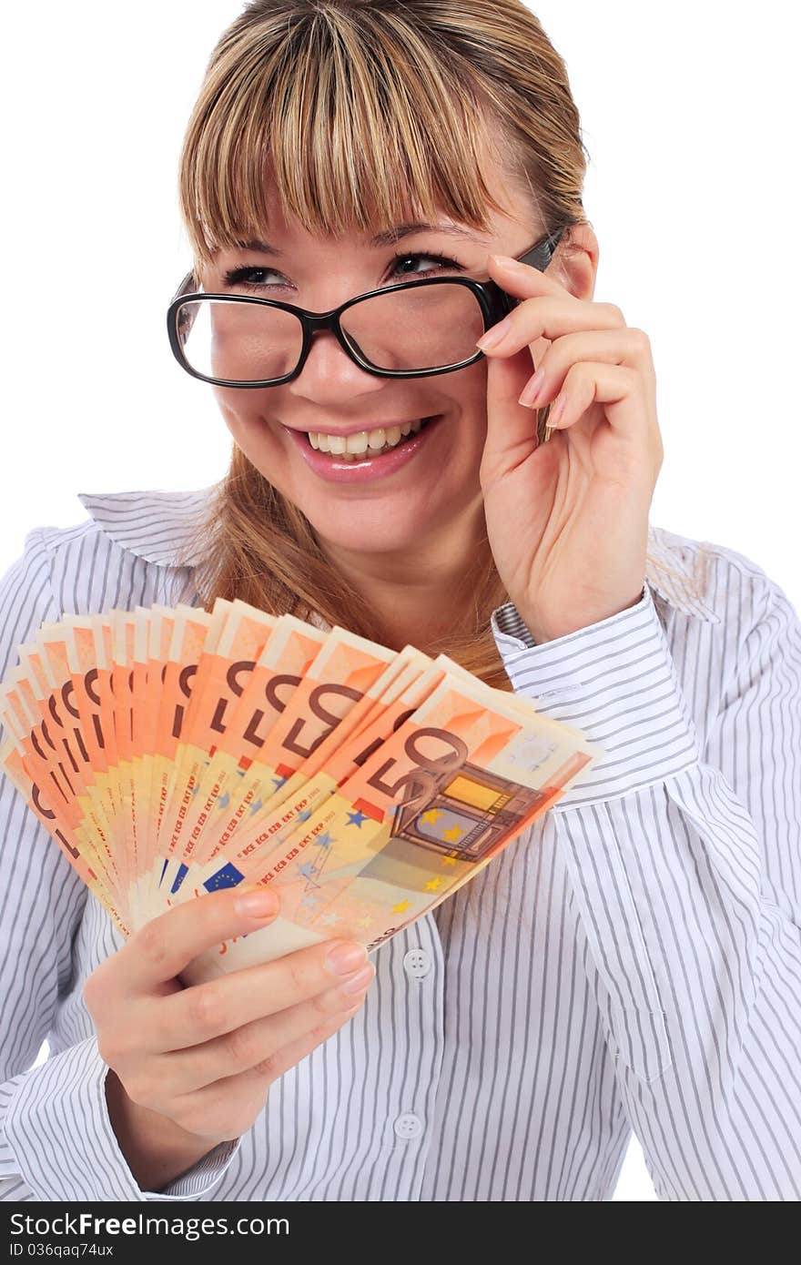 Beautiful smiling girl with money isolated over white. Beautiful smiling girl with money isolated over white.