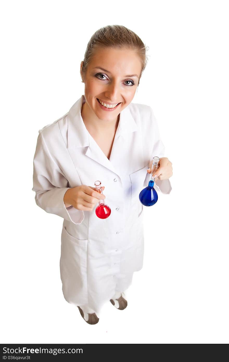 Isolated scientist woman in lab coat with chemical glassware