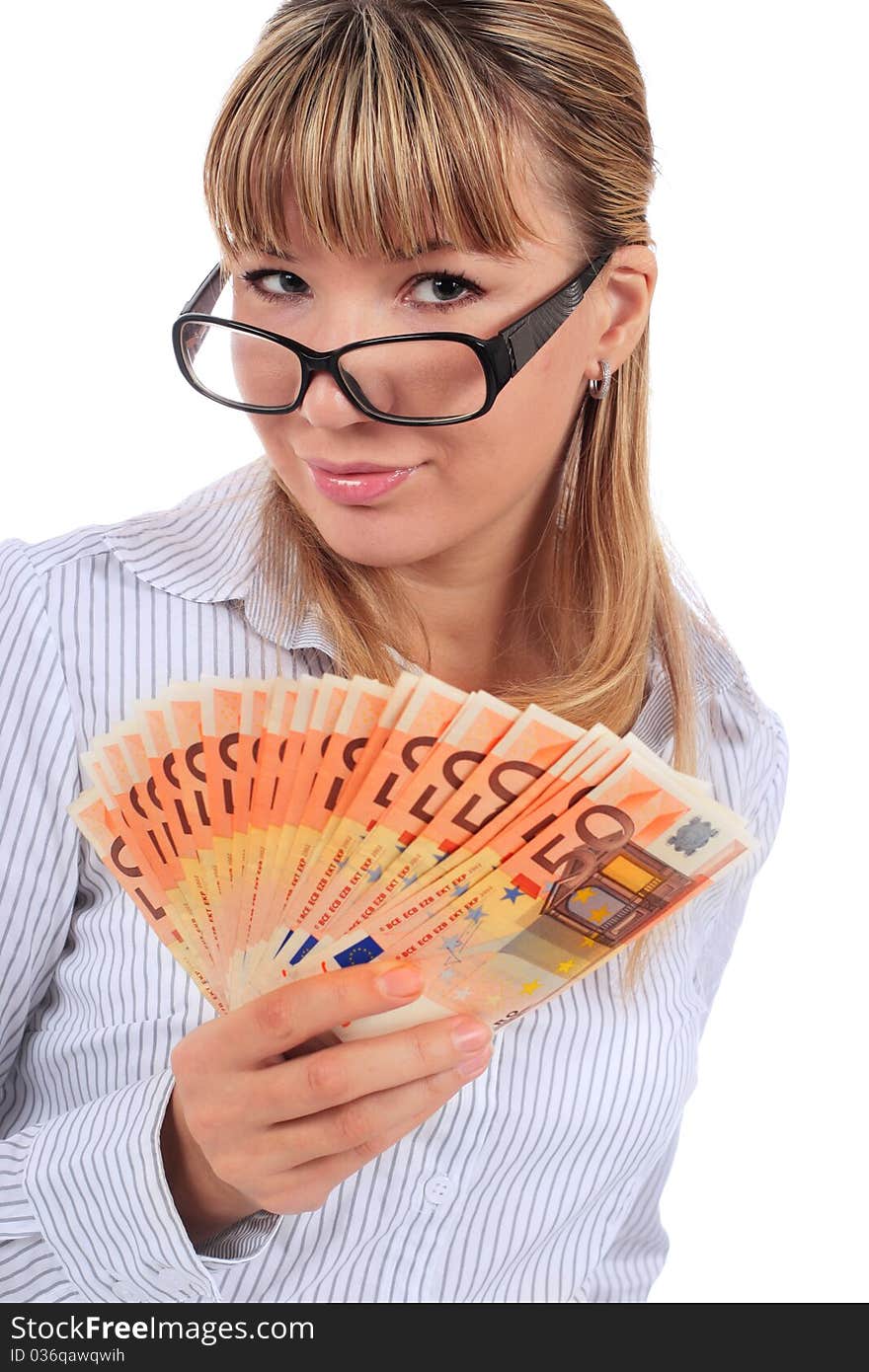 Beautiful smiling girl with money isolated over white. Beautiful smiling girl with money isolated over white.