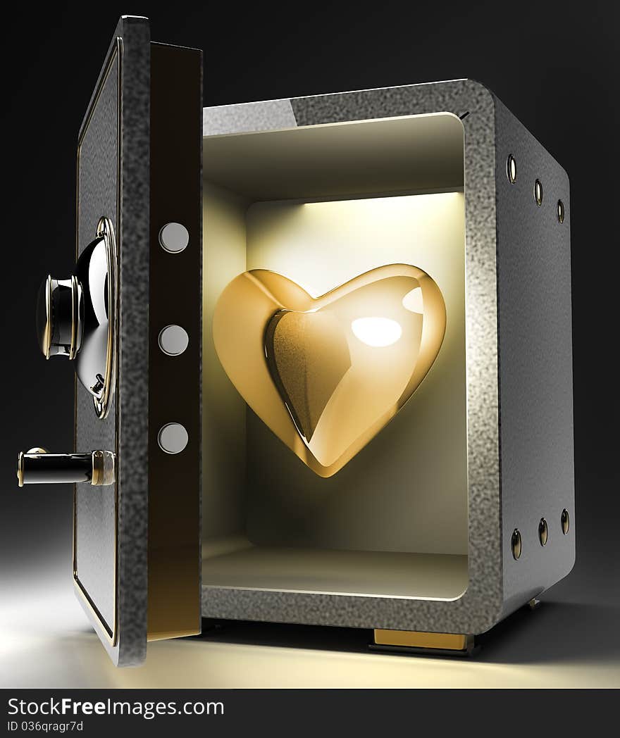 Opened safe with red heart isolated on black background. 3D render