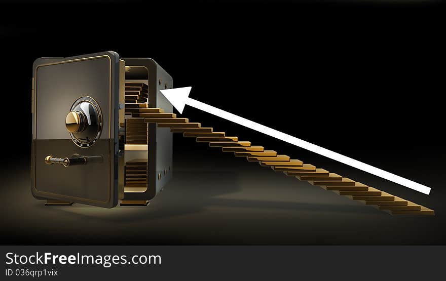 Opened safe with gold ingots 3d render