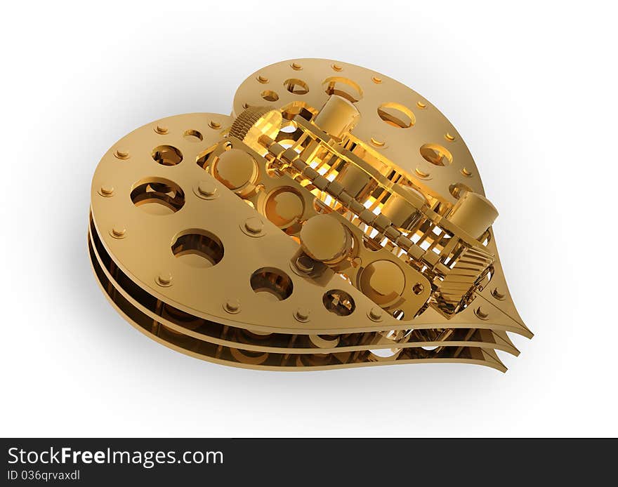 GOLD Mechanical heart V8 isolated on white 3d render. GOLD Mechanical heart V8 isolated on white 3d render