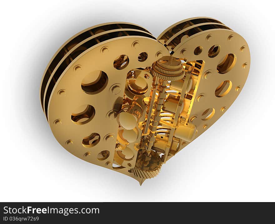 GOLD Mechanical heart V8 isolated on white 3d render. GOLD Mechanical heart V8 isolated on white 3d render