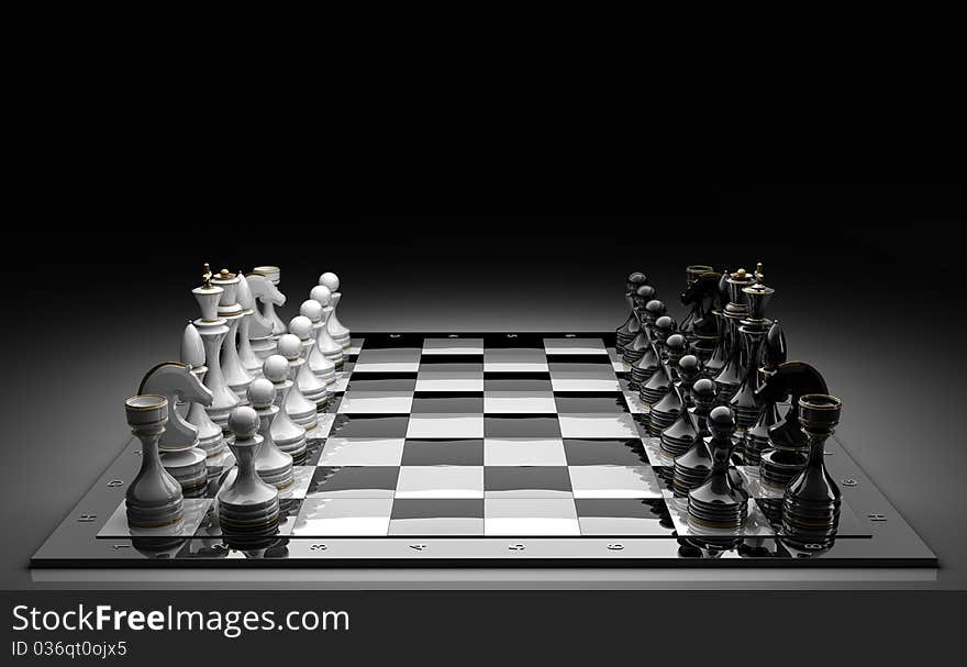 Composition with chessmen on glossy chessboard on black 3d render