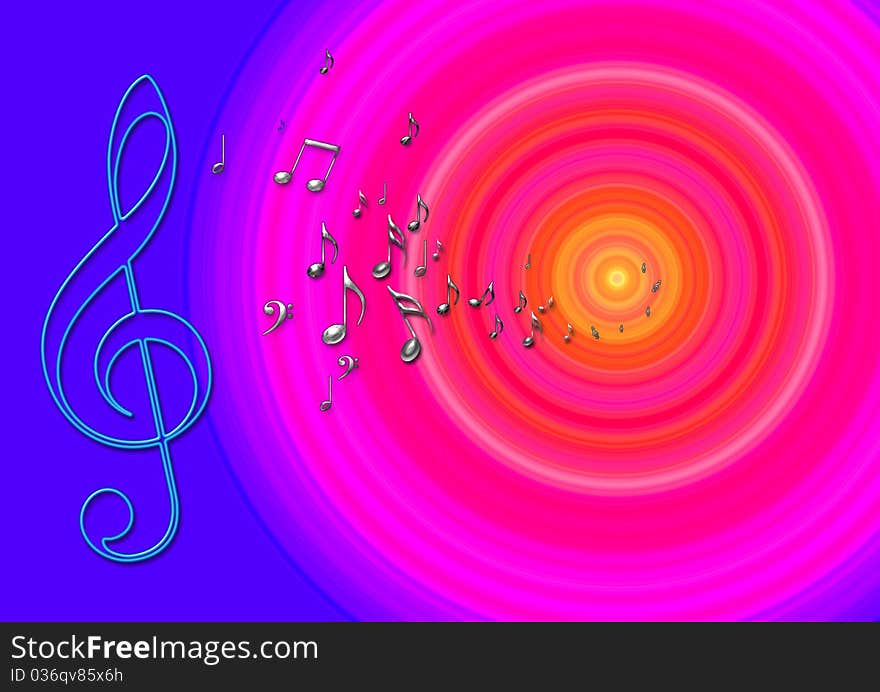 Colourfull background whit flying notes and big clef in front. Colourfull background whit flying notes and big clef in front